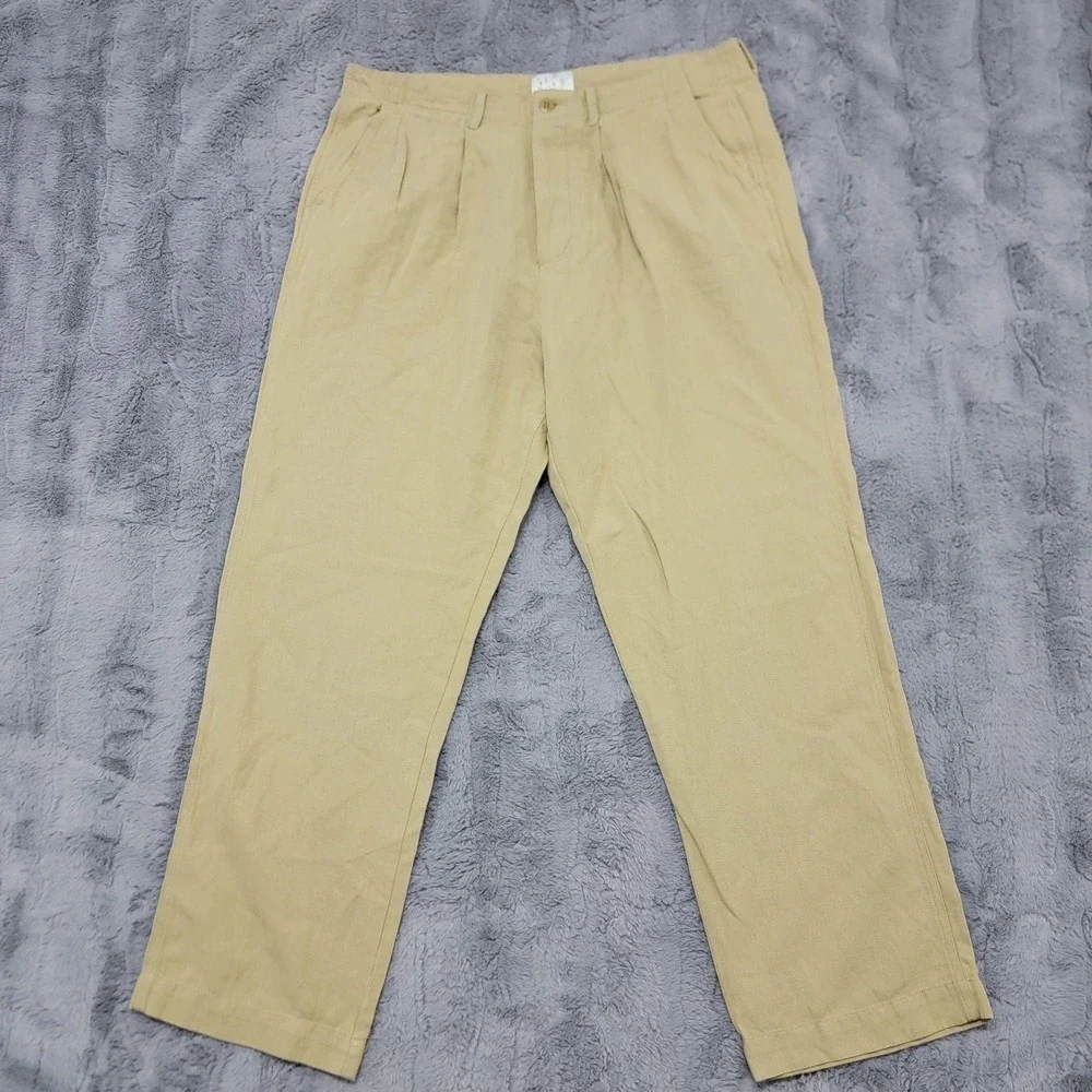 Wythe Pants Mens 38x32 Khaki Pleated Cotton Linen Chino Relaxed Summer